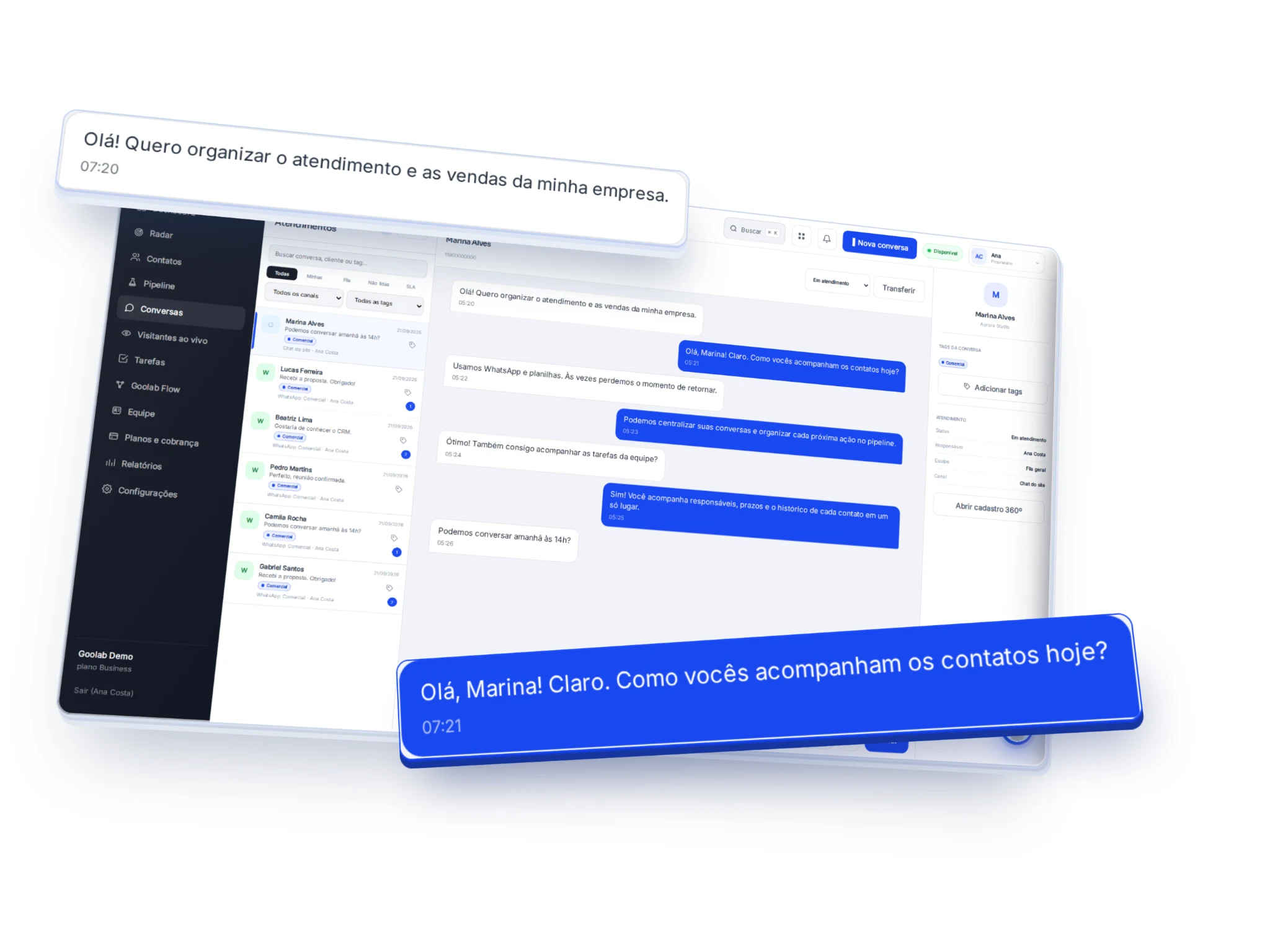 Central de Conversas do Goolab CRM com mensagens em destaque